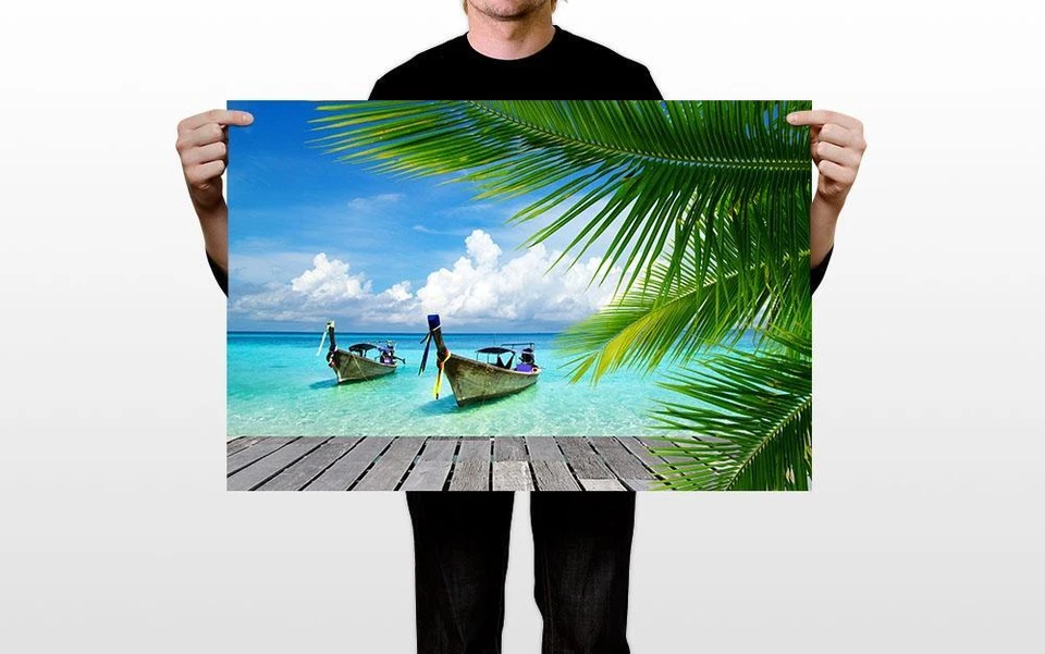 Летний пляж пальма дерево лодка морской пейзаж наземное пространство стены искусства дома - плакат 20 «x 30» - Изображение 3 из 3