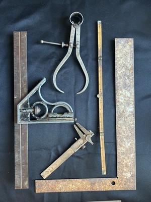 Lot Of Antique Measuring Tools- Calipers, Folding Rule, Squares. Garage Find ABQ