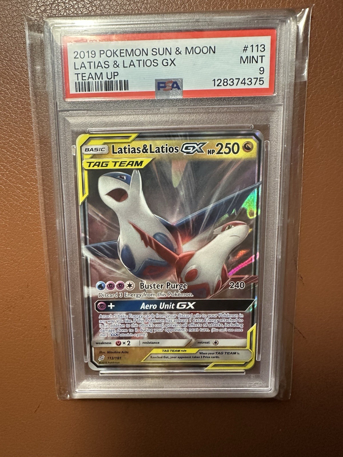 2019 POKEMON SUN & MOON TEAM UP #113 LATIAS & LATIOS GX PSA 9