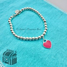Return To Tiffany  Co. 925 Silver Hot Pink Heart 4mm Bead 6" Bracelet pouch 