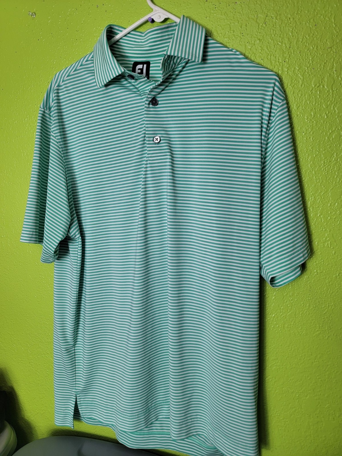 FootJoy FJ Teal Blue Striped Golf Polo Shirt Men's Medium EUC