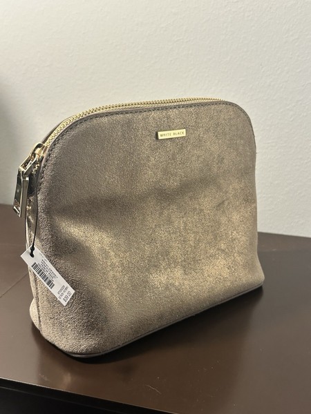 Bolso de Cosméticos de Cuero Casa Blanca Mercado Negro Tostado y Dorado Nuevo con Etiquetas.