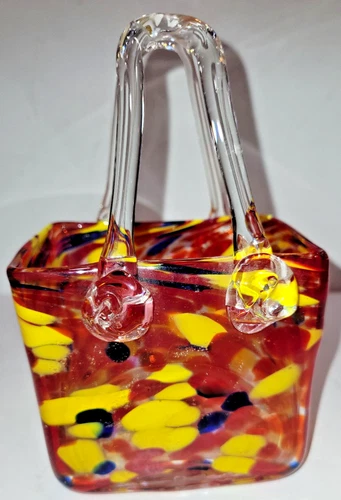 Multicolor Blown Art Glass Bag Purse Vase Vintage Murano Style 7"Tall Base 4"x4"