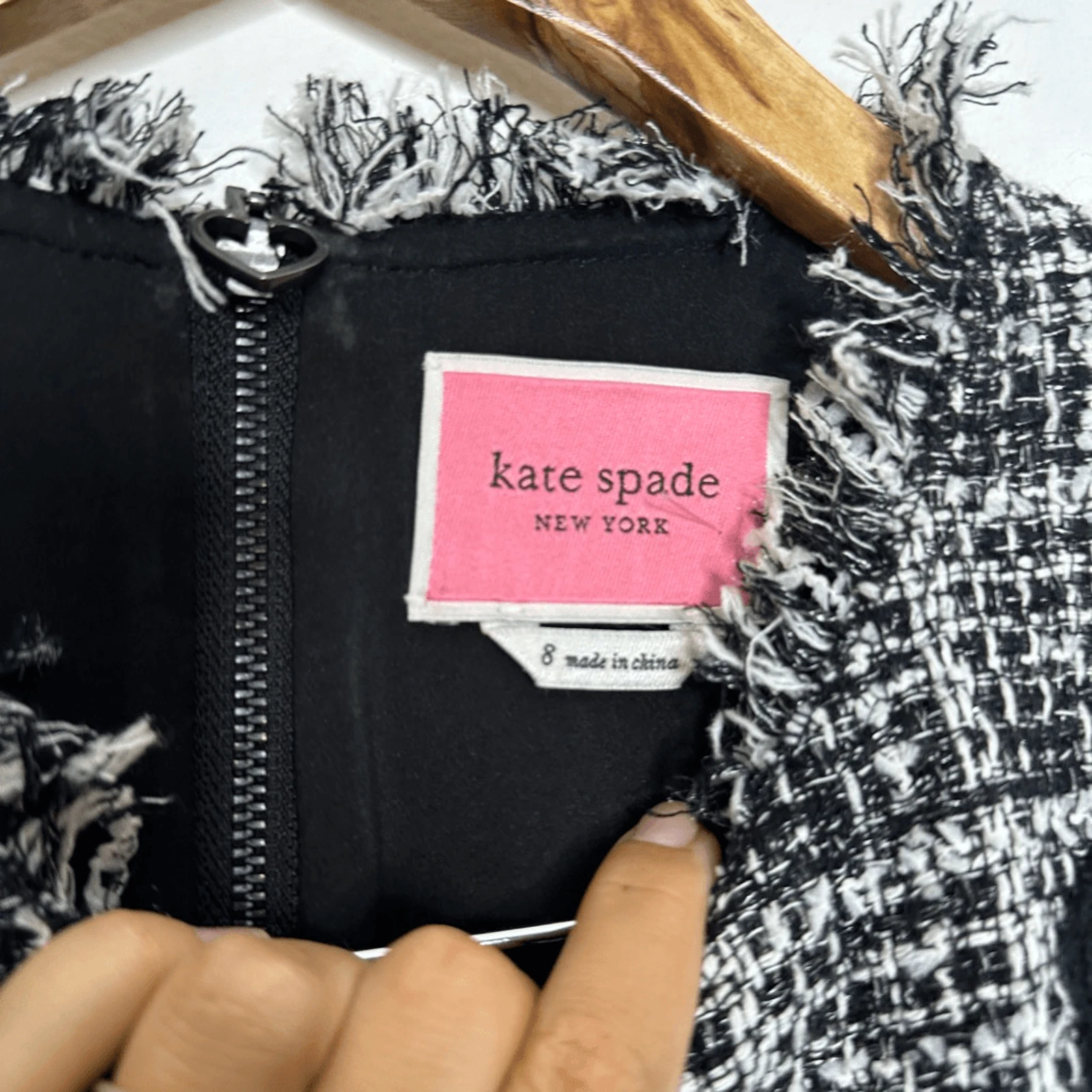 Abito Kate Spade New York bicolore capesante tweed frange manica corta carriera US 8