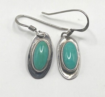 Sterling Silver Natural Turquoise Oval Cabochon Dangle Earrings Signed RV
