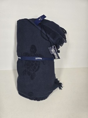 NWT VILEBREQUIN Santah Cotton-Terry Beach Towel With Fringes Navy Blue Turtle