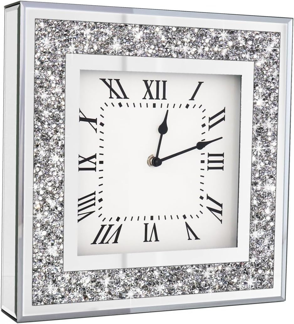 Crystal Crush Diamond Mirrored Square Wall Clock with Sparkle Twinkle Bling Diam