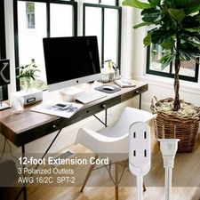 Durable 12FT Indoor Extension Cord, 16AWG 2-Prong—Safe & Reliable Power