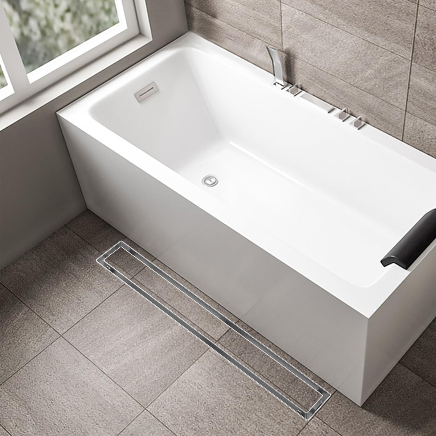 30" Brushed Nickel Linear Shower Drain with Tile Insert & Hair Catcher
