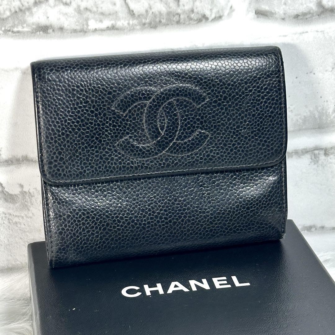 Vintage CHANEL Tri-fold Caviar Leather Wallet Large Black Coco AH556587 Rare