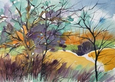 8”X 10” Original Pamela Wilhelm  Loose Abstract Trees Landscape Watercolor