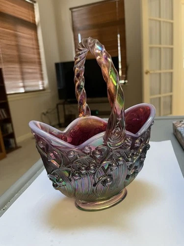 FENTON PLUM OPALESCENT LILY OF THE VALLEY BASKET SIGNED BILL FENTON