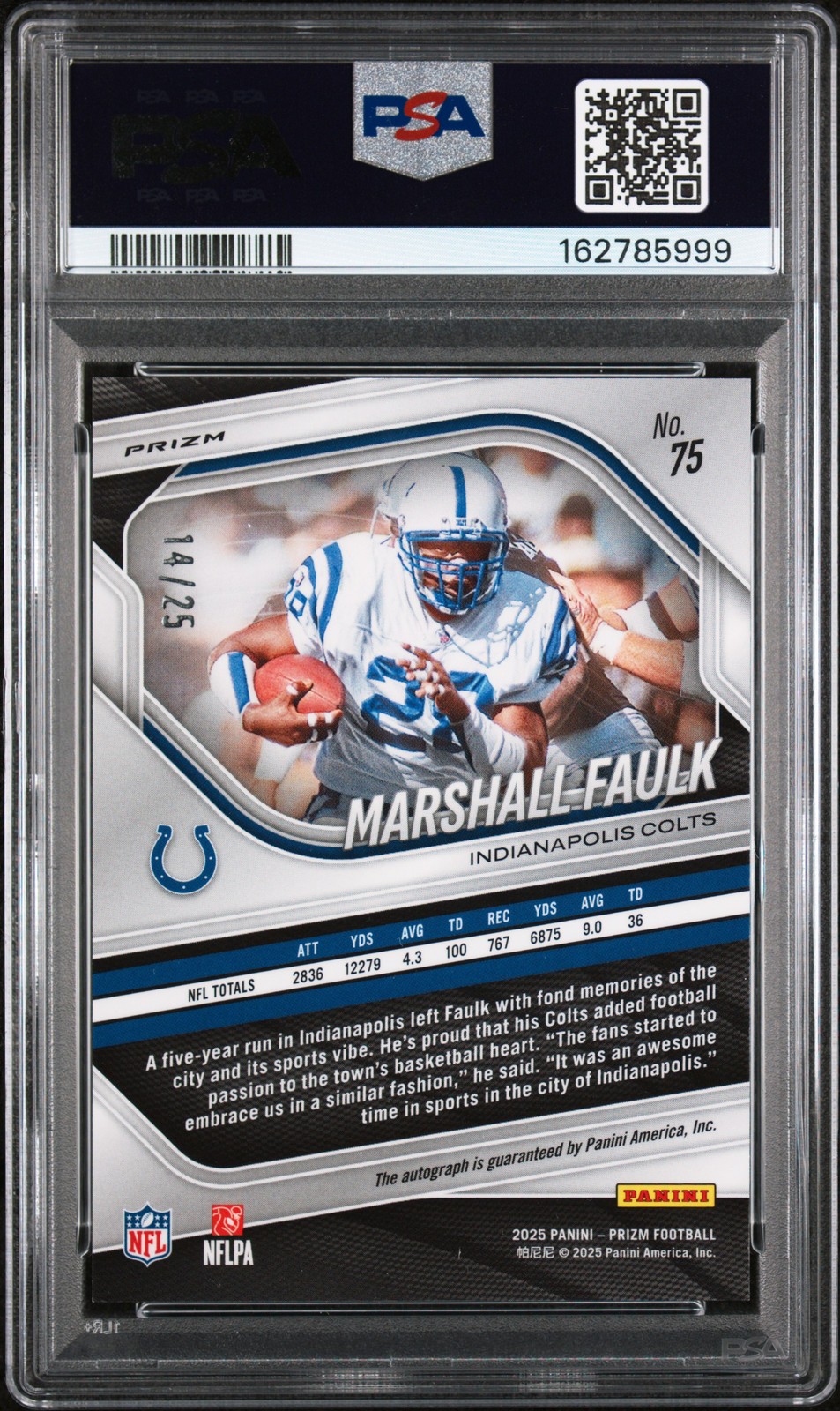 2025 PANINI PRIZM AUTO-BLUE SHIMMER #75 MARSHALL FAULK 14/25 PSA 8 view 2