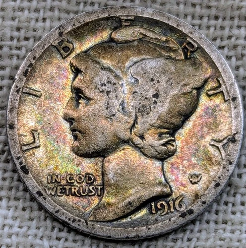 1916 Mercury Dime Good : Rainbow Tone, Valuable Year (Only 10K Left) - .9 Fine