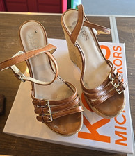 Michael Kors Jacinda Brown Leather Buckle Wedge Espadrille Sandal Heels 10 M