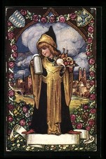 Künstler-AK München, Münchner Kindl mit Tracht, Wappen, Bierkrug und Frauenkirc 