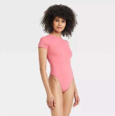 Auden Bodysuit Women's Luxury Collection 4-Way Stretch Short Sleeve Small Coral