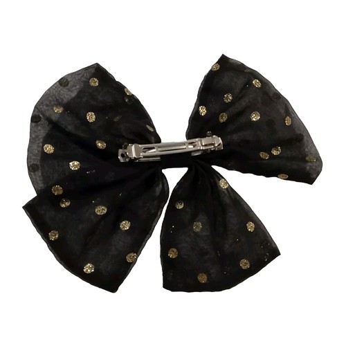 Vintage 80s 90s Big Silky Black Hair Bow W/GOLD Dots Barrette Clip Ribbon Scarf - Picture 8 of 9