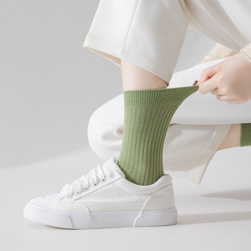 8 Pairs Women Solid Cotton Striped Mid Calf Socks Sports Stretch Elastic Socks - Picture 2 of 21