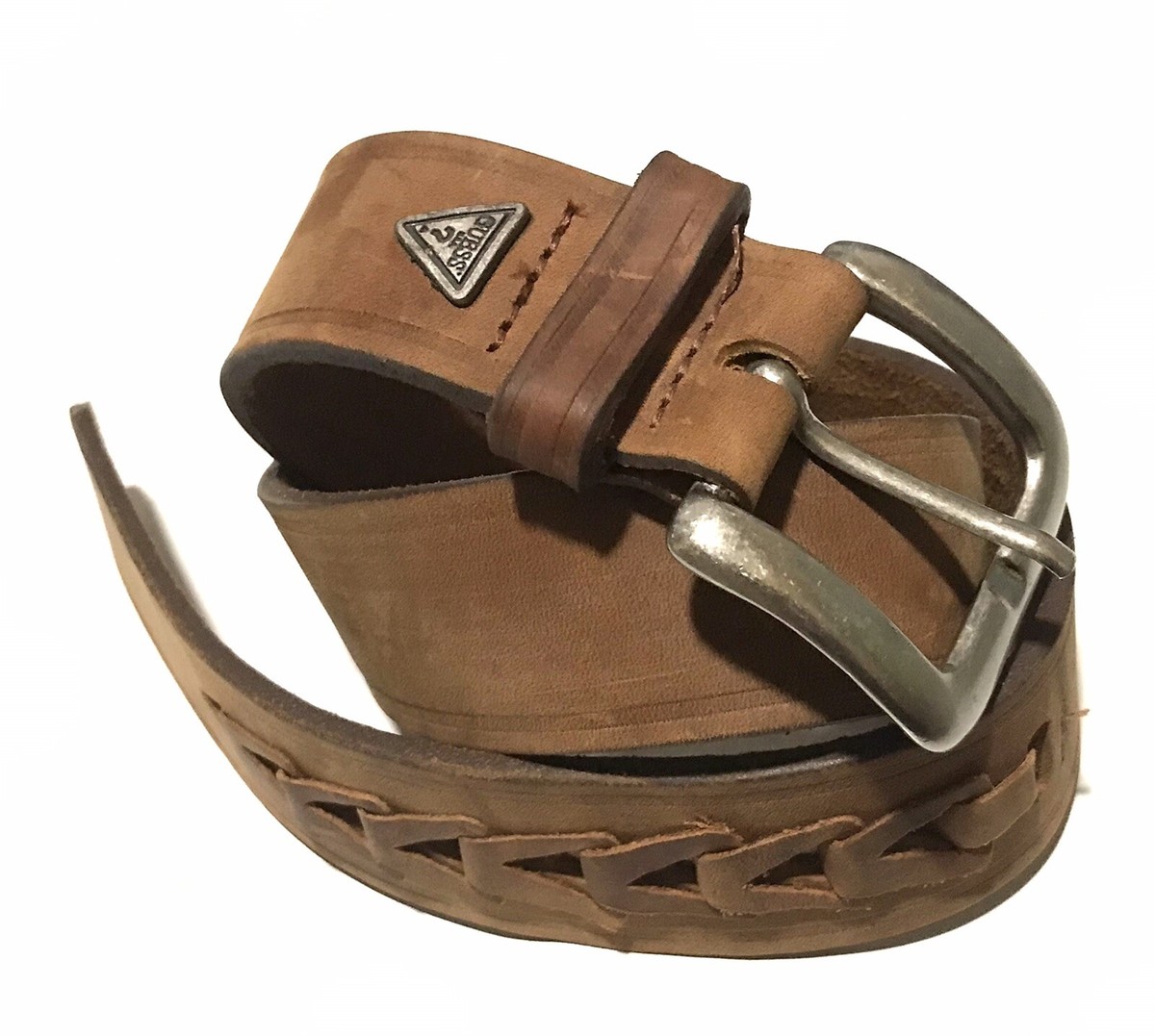 GUESS Belt Natural Brown Leather Braid Accent “WS” USA 