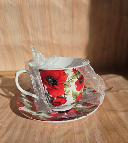 Kent Pottery 12oz Porcelain RED Floral, Tea Cup and Saucer Set