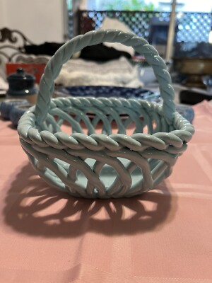 Grace s Pantry Ceramic Lattice Easter Basket  Robins Egg Blue Small Chip Corner