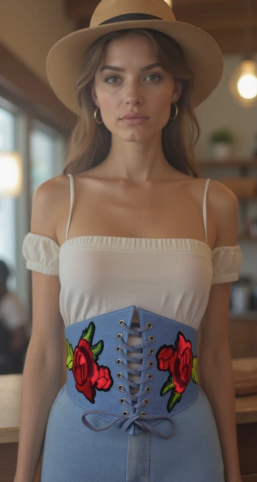 Mujeres Azul Claro Denim Cintura Corsé Correa Elástica Cinturón Rojo Flor Ajuste Talla S M Foto 3 de 4