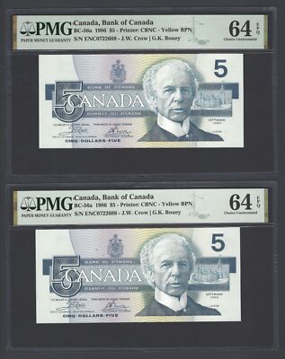 Canada 2 Consecutive 5 Dollars 1986 BC-56a Uncirculated