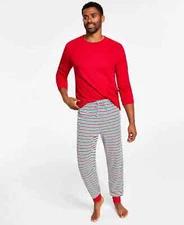 Family Pajamas Men's 2-Piece Waffle Knit Pajama Set, Red Holiday Stripe, Small