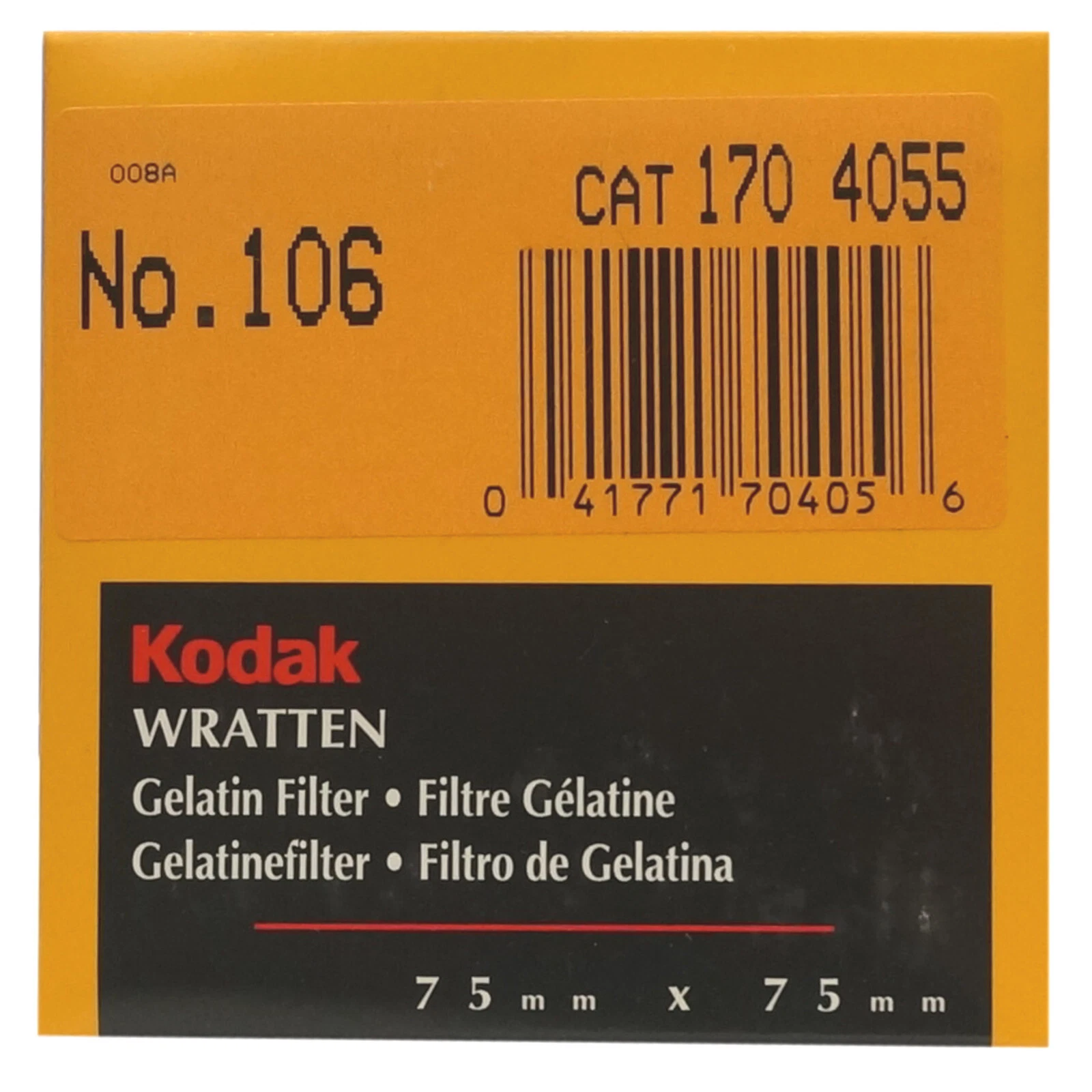 Kodak Wratten Gelatin Filter. 75 x 75mm. No.106 cat 170 4055