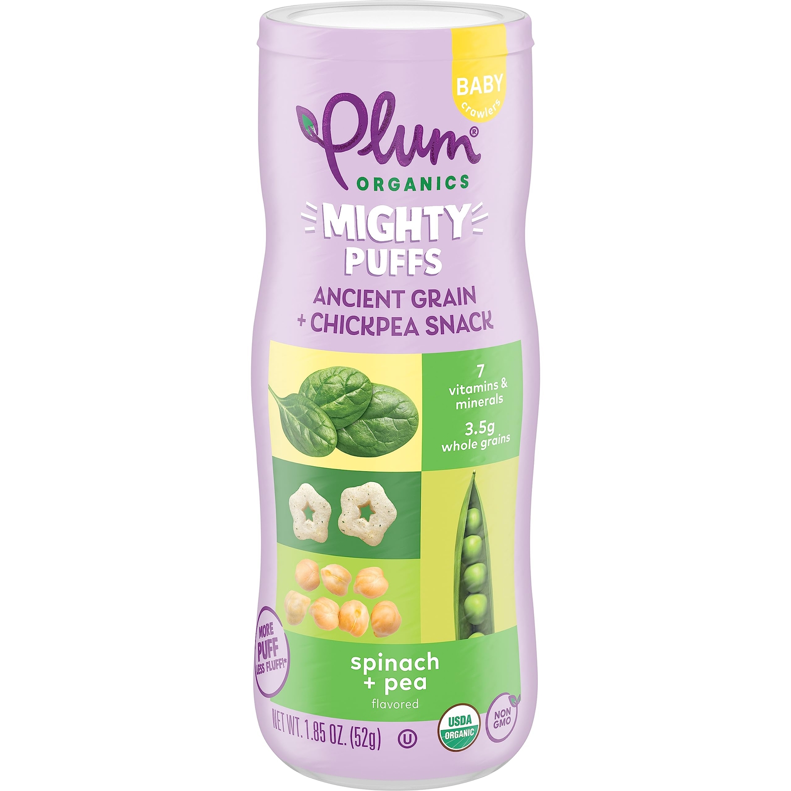 Plum Organics Mighty Puffs Organic Baby Food - Spinach and Pea - 1.85 oz Cani