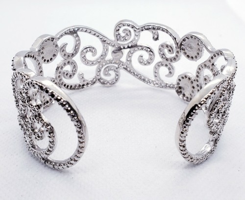 Silver-tone Pearl and White Cubic Zirconia Floral Bangle Cuff Bracelet B1119A - Picture 3 of 3