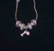 Pink Puppy Paw Print  Dog Bone, Pink Cat's Eye Beads Charms