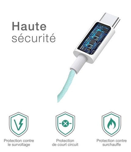 Câble Type C Transfert Charge Rapide 60W Synchronisation Rapide 3A Vert 1,50m - Photo 14 sur 24