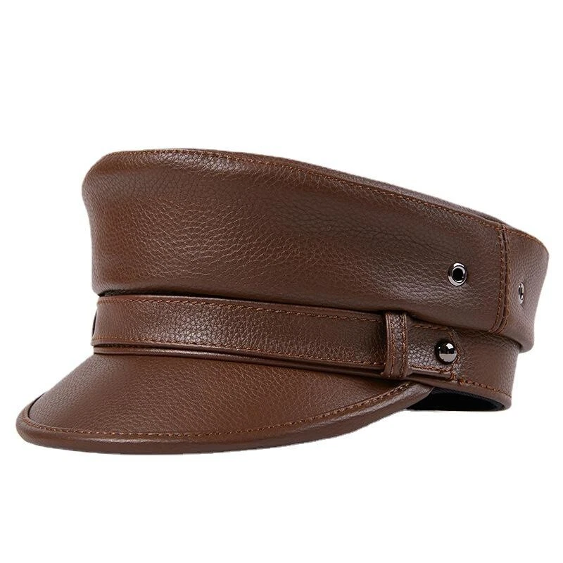 Men Genuine Leather Captain Sailor Hat Fiddler Flat Cap Driver Visor Beret Cap - Image 3 of 4