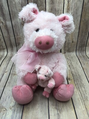 Applause Russ Pink Pig Piglet Rattle Plush Satin Bow Barnyard Mother Baby Animal