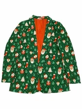 Womens Green Santa Reindeer Snowman Christmas Holiday Suit Blazer Light Up