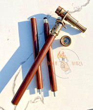 Vintage Brass Telescope Top Wood Walking Stick Cane Compass Antique Gift Parents