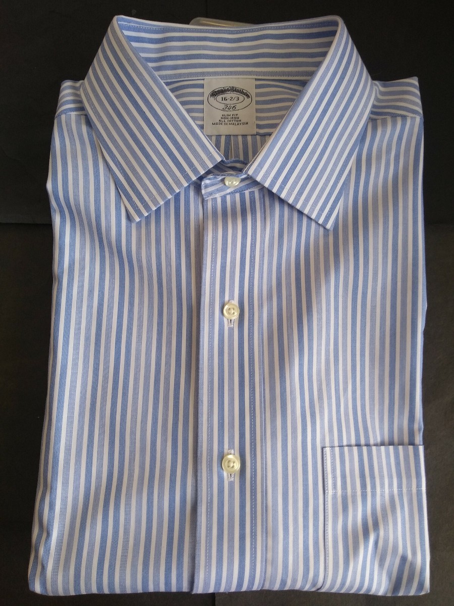 新品　Brooks Brothers slim BD 16 1/2 32/33 NWOT Brooks Brothers Non Iron Blue & White Shirt 16-32/33 Slim