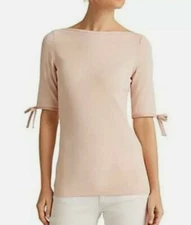 $50 RALPH LAUREN Womens SMALL Shirt PINK Bow Tie Short Sleeve Cuff Knit NWT