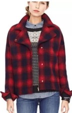 Fossil Wool Blend Plaid Peacoat Cropped Red, Black & Blue Size 0 Bnwot