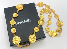 Auth Chanel Vintage Coco medal Max Necklace Gold TL: 79 cm W/Box SK030070