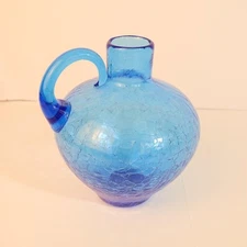 Vintage Pilgrim Glass Blue Crackle handled Vase Jug Pitcher