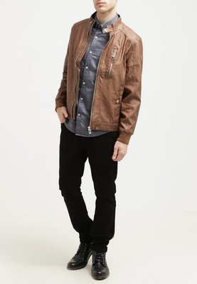 Men Brown Leather Biker Bomber Genuine Leather Motorcycle Jacket XS-2XL FB558