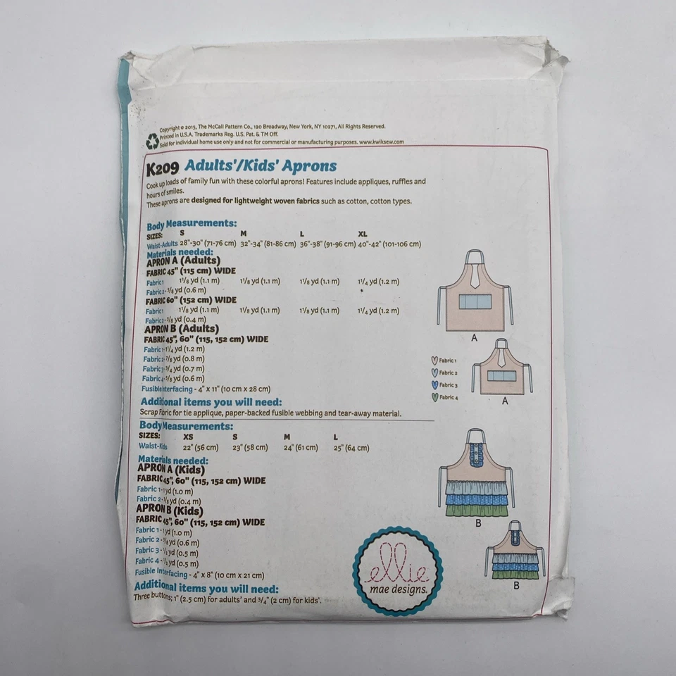 Ellie Mae Designs Sewing Pattern K209 Womens Mens Kids Apron Uncut - Image 2 of 4