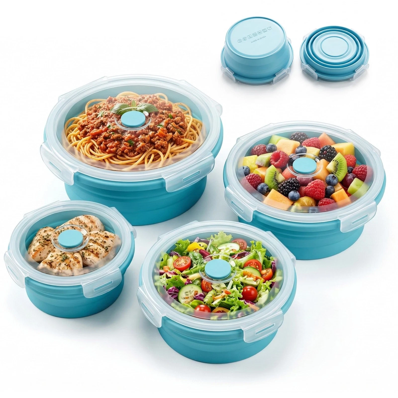4-Pack Silicone Collapsible Meal Prep Containers with Lids, Bento Lunch Set i...