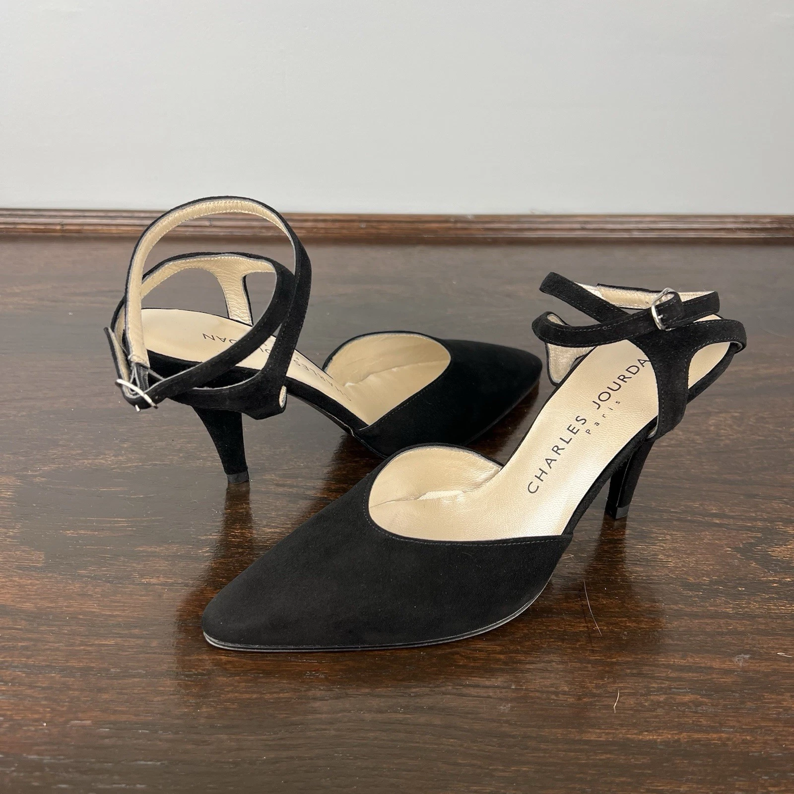 JORDAN Charles Jourdan Paris sandali donna tacco pelle decolte con cinturino taglia 6 nero