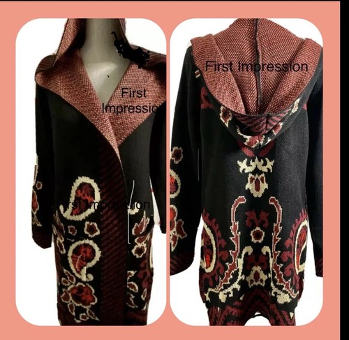 Bcbg MaxSport XS LONG CARDIGAN w HOOD Black PAISLEY Heavy Sweater Duster $368 - Picture 2 of 12