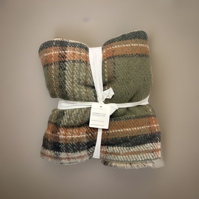 POTTERY BARN Stewart Plaid FAUX FUR  Back Throw Blanket Loden Green 50 x 60 NWT