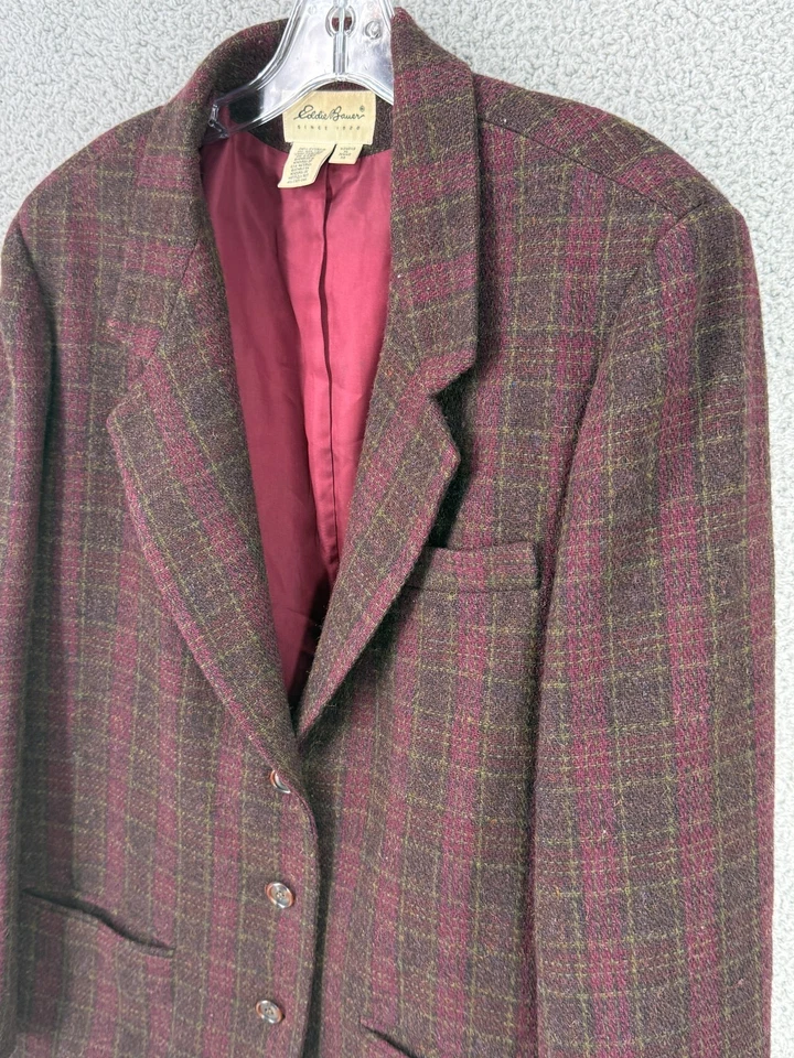 Mujer XL Eddie Bauer Borgoña Cuadros Tartán 100% Lana Blazer Chaqueta Abrigo Foto 3 de 4